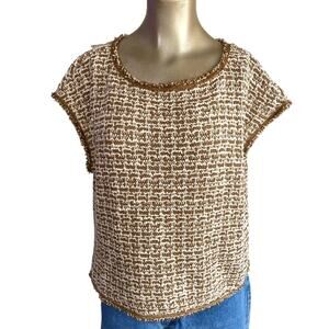 Max Studio London Textured Knit Top Gold White Tweed Look Shell Blouse Large